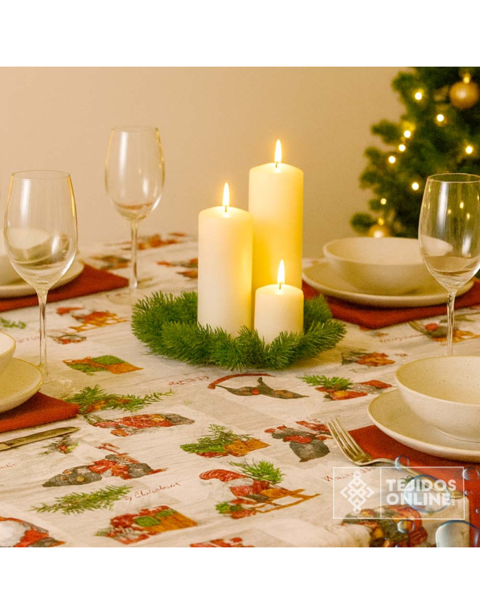 Tela Loneta Resinada Navidad Gnomos y Trineos | Hule Navidad