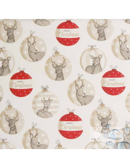 Mantel Navidad Beige con Ciervos y Bolas | Hule Navidad Mantel Navidad Beige con Ciervos y Bolas | Hule Navidad