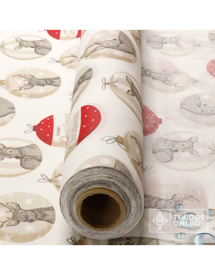 Mantel Navidad Beige con Ciervos y Bolas | Hule Navidad