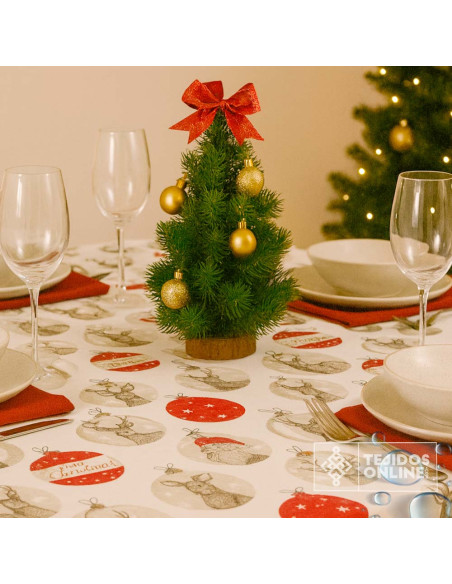 Mantel Navidad Beige con Ciervos y Bolas | Hule Navidad Mantel Navidad Beige con Ciervos y Bolas | Hule Navidad