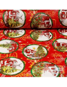 Mantel Navidad Roja con Papá Noel y Árboles | Hule Navidad