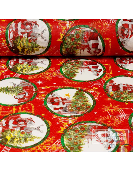 Mantel Navidad Roja con Papá Noel y Árboles | Hule Navidad Mantel Navidad Roja con Papá Noel y Árboles | Hule Navidad