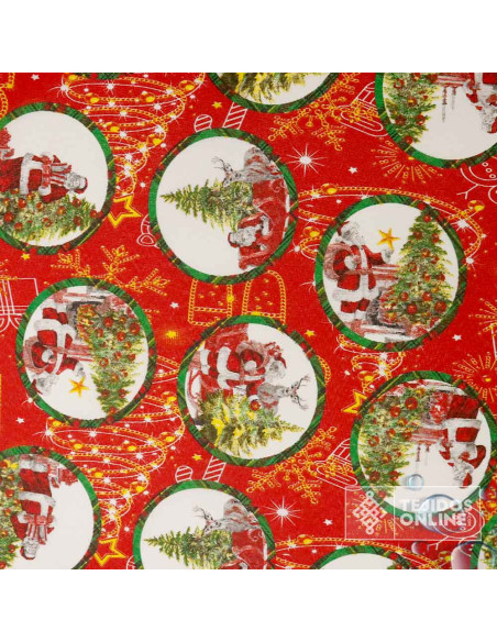 Mantel Navidad Roja con Papá Noel y Árboles | Hule Navidad Mantel Navidad Roja con Papá Noel y Árboles | Hule Navidad