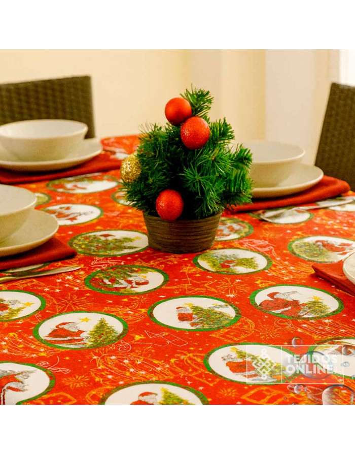 Mantel Navidad Roja con Papá Noel y Árboles | Hule Navidad