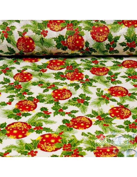 Mantel Navidad Fondo Beige con Bolas y Acebo | Hule Navidad Mantel Navidad Fondo Beige con Bolas y Acebo | Hule Navidad