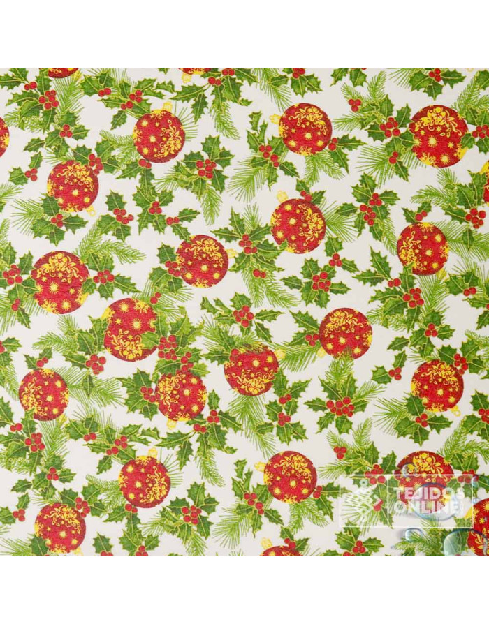 Mantel Navidad Fondo Beige con Bolas y Acebo | Hule Navidad