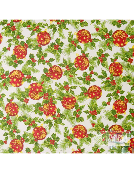 Mantel Navidad Fondo Beige con Bolas y Acebo | Hule Navidad Mantel Navidad Fondo Beige con Bolas y Acebo | Hule Navidad
