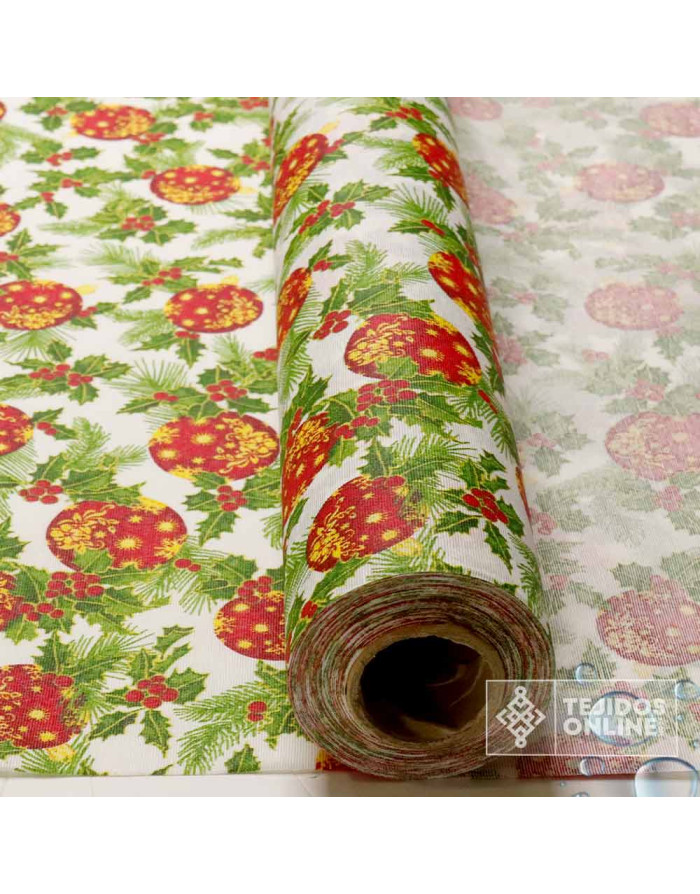 Mantel Navidad Fondo Beige con Bolas y Acebo | Hule Navidad