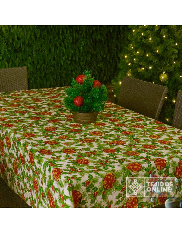 Mantel Navidad Fondo Beige con Bolas y Acebo | Hule Navidad