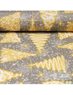 Tela Resinada Navidad Fondo Gris con Árboles Dorados | Hule Navidad