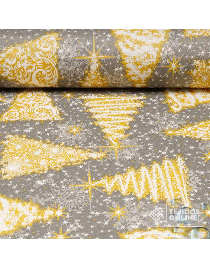 Tela Resinada Navidad Fondo Gris con Árboles Dorados | Hule Navidad