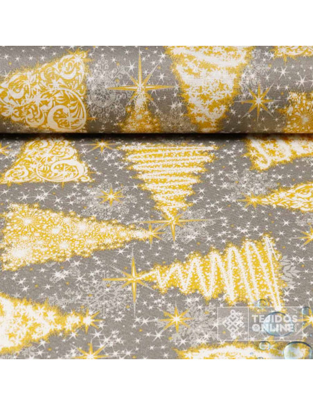 Tela Resinada Navidad Fondo Gris con Árboles Dorados | Hule Navidad Tela Resinada Navidad Fondo Gris con Árboles Dorados | Hule Navidad