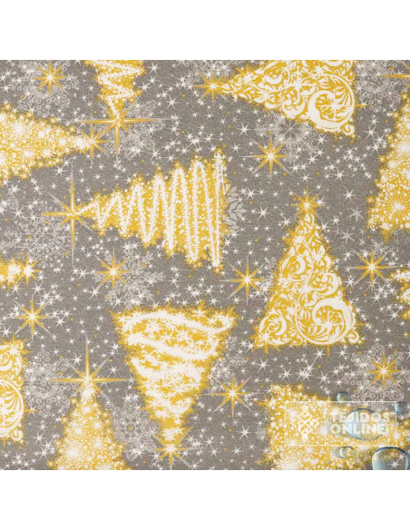 Tela Resinada Navidad Fondo Gris con Árboles Dorados | Hule Navidad Tela Resinada Navidad Fondo Gris con Árboles Dorados | Hule Navidad