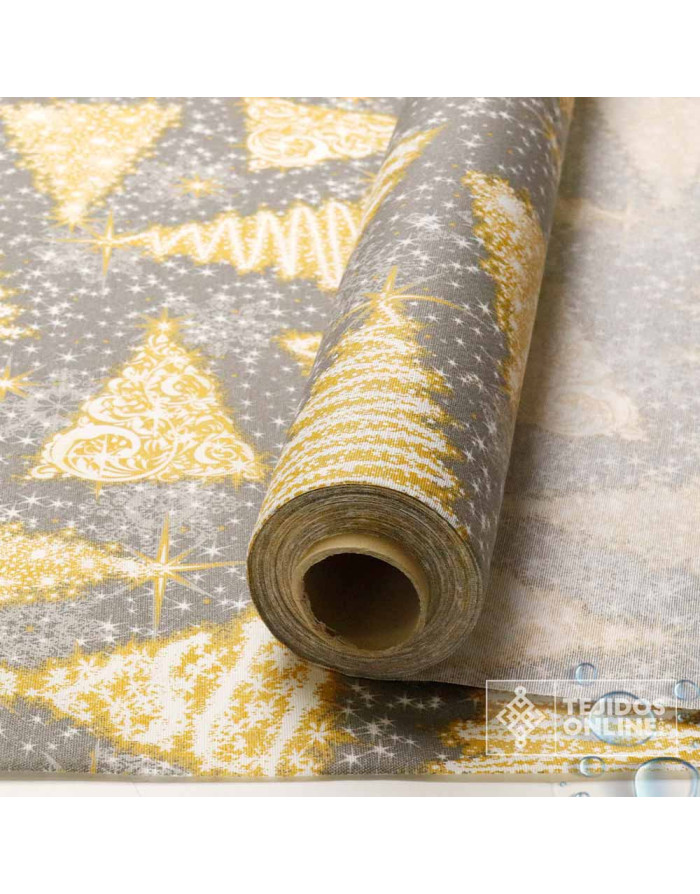 Tela Resinada Navidad Fondo Gris con Árboles Dorados | Hule Navidad