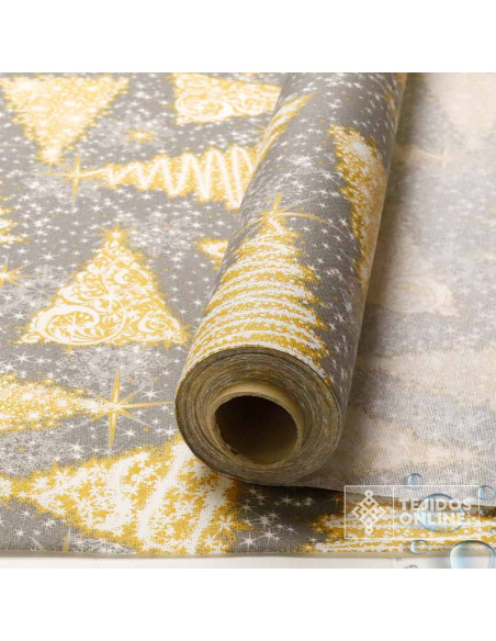 Tela Resinada Navidad Fondo Gris con Árboles Dorados | Hule Navidad Tela Resinada Navidad Fondo Gris con Árboles Dorados | Hule Navidad