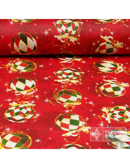 Tela Mantel Roja con Bolas Doradas Resinado | Hule Navidad Tela Mantel Roja con Bolas Doradas Resinado | Hule Navidad