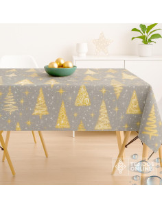 Tela Resinada Navidad Fondo Gris con Árboles Dorados | Hule Navidad 2