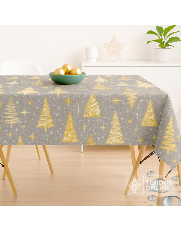 Tela Resinada Navidad Fondo Gris con Árboles Dorados | Hule Navidad