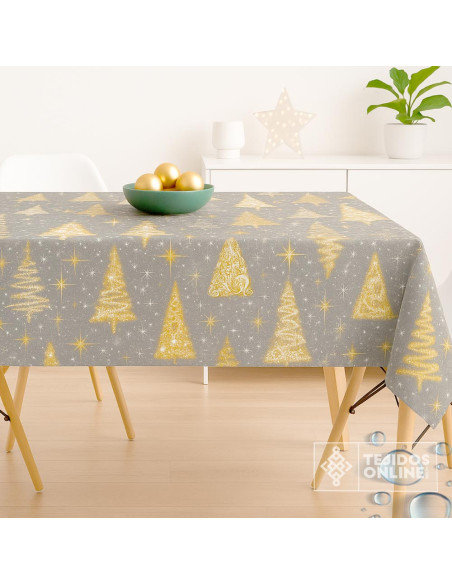 Tela Resinada Navidad Fondo Gris con Árboles Dorados | Hule Navidad Tela Resinada Navidad Fondo Gris con Árboles Dorados | Hule Navidad