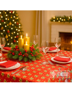 Tela Mantel Roja con Bolas Doradas Resinado | Hule Navidad 2