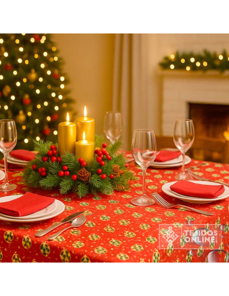 Tela Mantel Roja con Bolas Doradas Resinado | Hule Navidad Tela Mantel Roja con Bolas Doradas Resinado | Hule Navidad