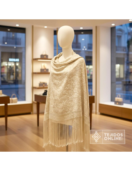 Tela Mantón de Manila Camel Bordada - Tela Mantón de Manila - Imagen 2
