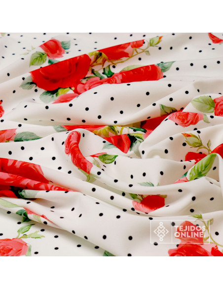 Tela De Flamenca con Ramos Rojos - Telas de Flores - Imagen 2