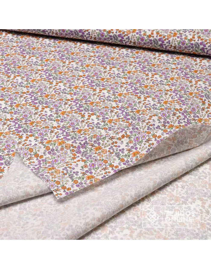 Tela Algodón Flores Malvas y Naranjas | Tela de Flores - Imagen 3