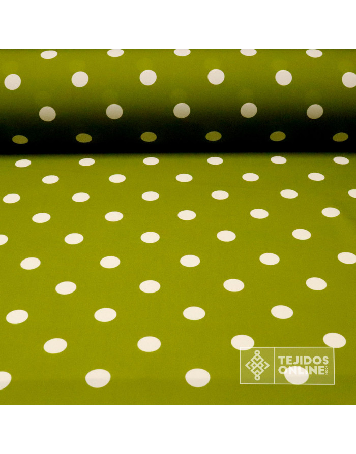 Tela Verde Caqui Lunar Blanco para Flamenca - Telas de Flamenca - Imagen 1