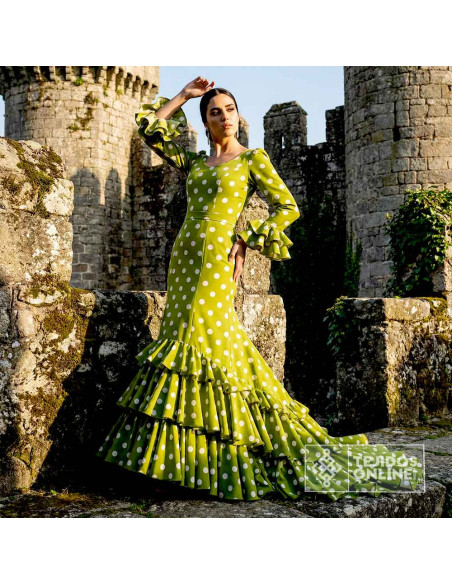 Tela Verde Caqui Lunar Blanco para Flamenca - Telas de Flamenca - Imagen 2