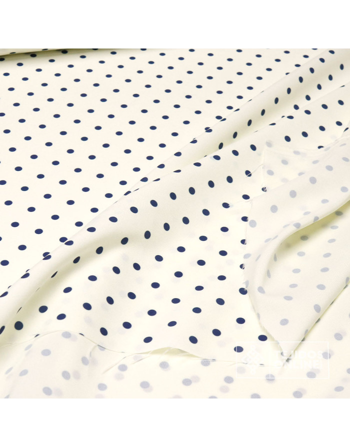 Tela Blanco Roto con Lunares Azules Lenteja - Telas de Flamenca - Imagen 2