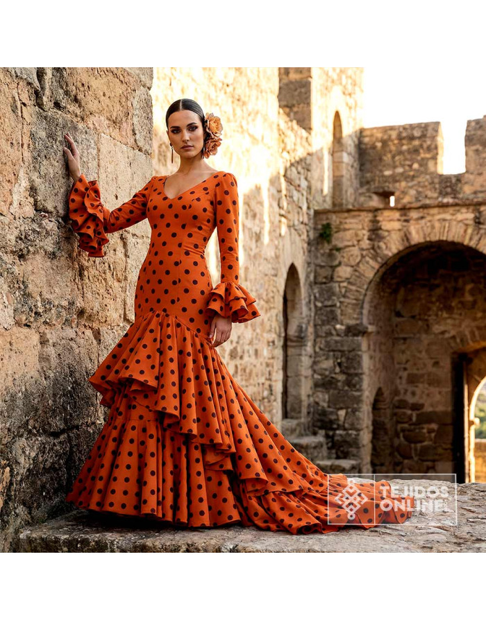 Tela Naranja Lunar Marrón para Flamenca | Lunares - Imagen 2