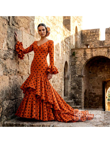 Tela Naranja Lunar Marrón para Flamenca | Lunares - Imagen 2