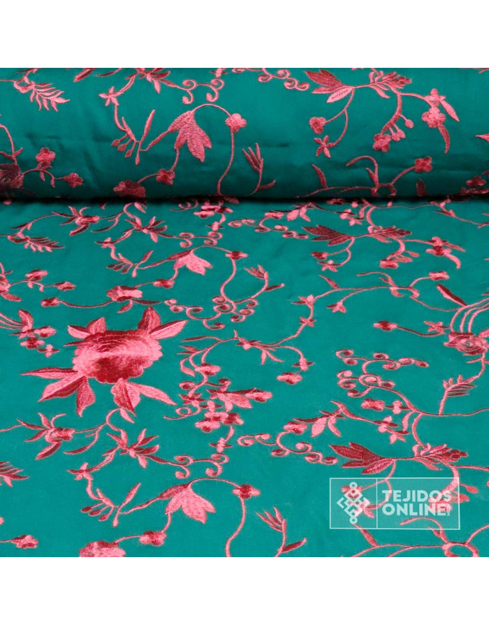 Mantoncillo Aguamarina Bordados de Flores Rosa | Bordados - Imagen 1