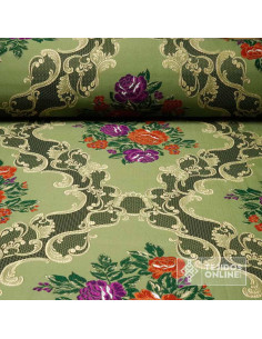 Brocado Verde Caqui Con Flores Cretona - Telas Para Cofradías - Imagen 1