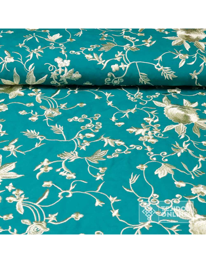 Viscosa Bordada Mantón de Manila Aguamarina - Tela Mantón de Manila - Imagen 1