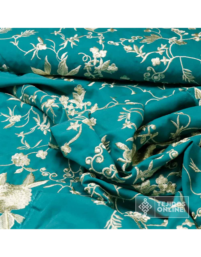 Viscosa Bordada Mantón de Manila Aguamarina - Tela Mantón de Manila - Imagen 2