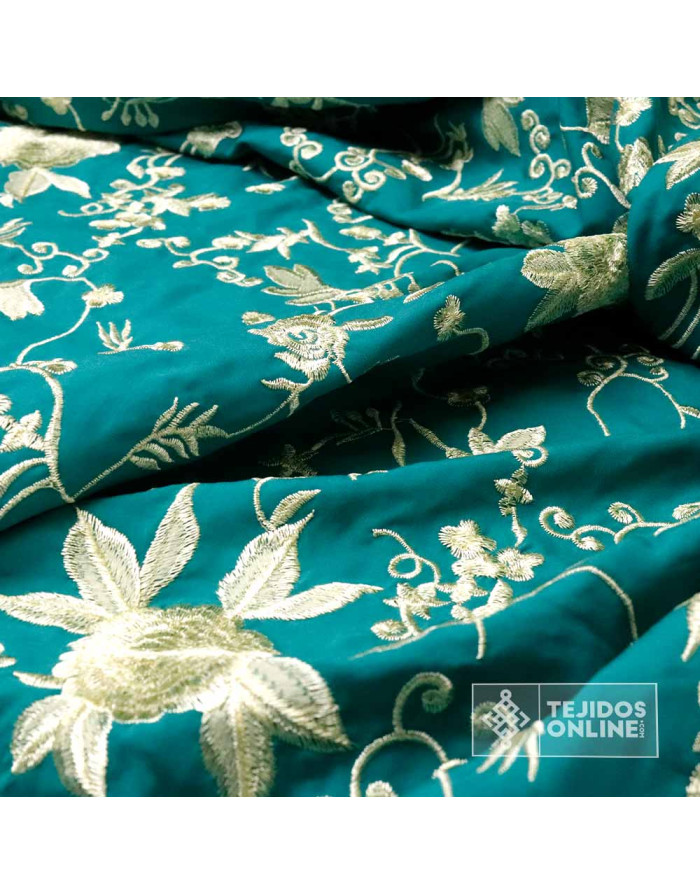 Viscosa Bordada Mantón de Manila Aguamarina - Tela Mantón de Manila - Imagen 3