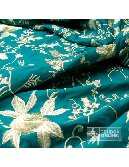 Viscosa Bordada Mantón de Manila Aguamarina - Tela Mantón de Manila - Imagen 3