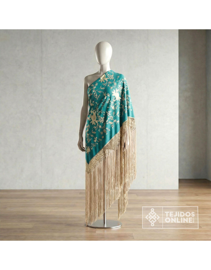 Viscosa Bordada Mantón de Manila Aguamarina - Tela Mantón de Manila - Imagen 4