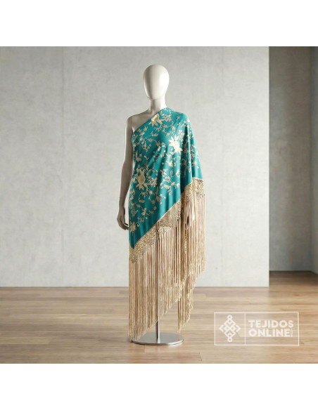 Viscosa Bordada Mantón de Manila Aguamarina - Tela Mantón de Manila - Imagen 4