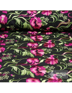 Tela Mantoncillo Negro con Flores Fucsias  | Mantoncillos - Imagen 1