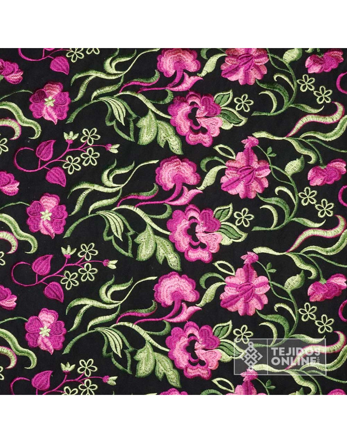 Tela Mantoncillo Negro con Flores Fucsias  | Mantoncillos - Imagen 3