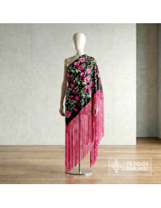 Tela Mantoncillo Negro con Flores Fucsias  | Mantoncillos - Imagen 2
