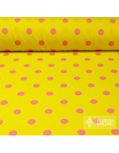 Tela Amarilla Lunar Rosa Chicle | Lunares para Flamenca - Imagen 1