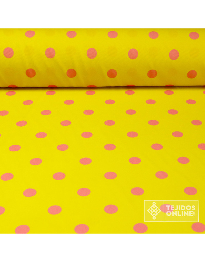Tela Amarilla Lunar Rosa Chicle | Lunares para Flamenca - Imagen 1