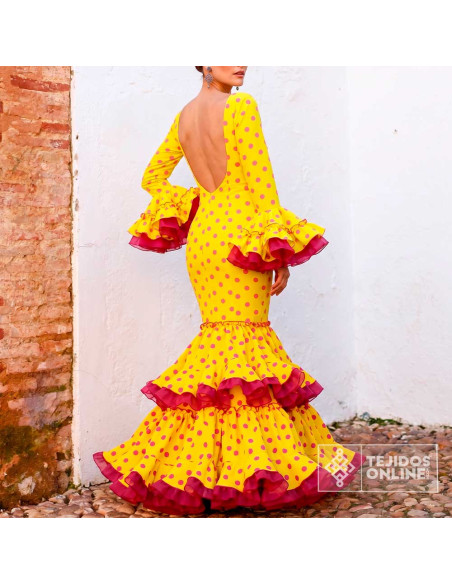 Tela Amarilla Lunar Rosa Chicle | Lunares para Flamenca - Imagen 2