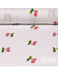 Tela Bambula con Guindas Bordada - Tejidos de Muselina - Imagen 1