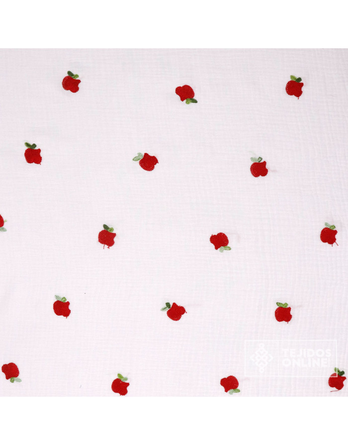 Tela Bambula con Manzanas Rojas Bordadas - Tejidos de Muselina - Imagen 3