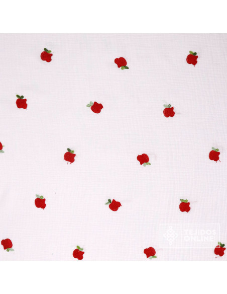 Tela Bambula con Manzanas Rojas Bordadas - Tejidos de Muselina - Imagen 3